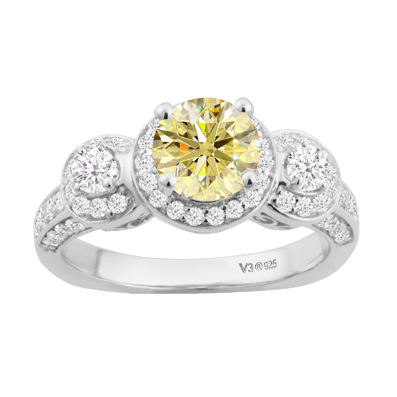 Women’s titanium rings-Sterling Silver Yellow Moissanite & White Diamond 3 Stone Ring