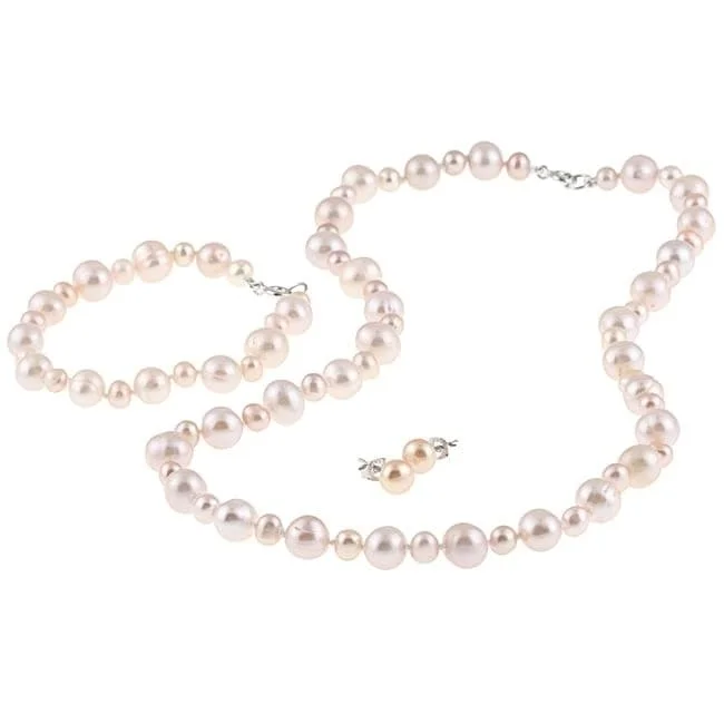 Women’s bold bangles-DaVonna Sterling Silver Pink Freshwater Pearl Necklace Bracelet and Earring Set (4-8 mm)