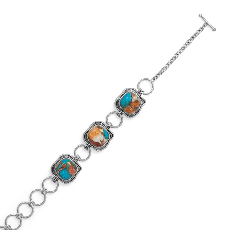 Women’s bangle bracelet sets-Curata 925 Sterling Silver Spiny Oyster and Turquoise Toggle Bracelet Cushion Cut Compressed Stones Measure 13m