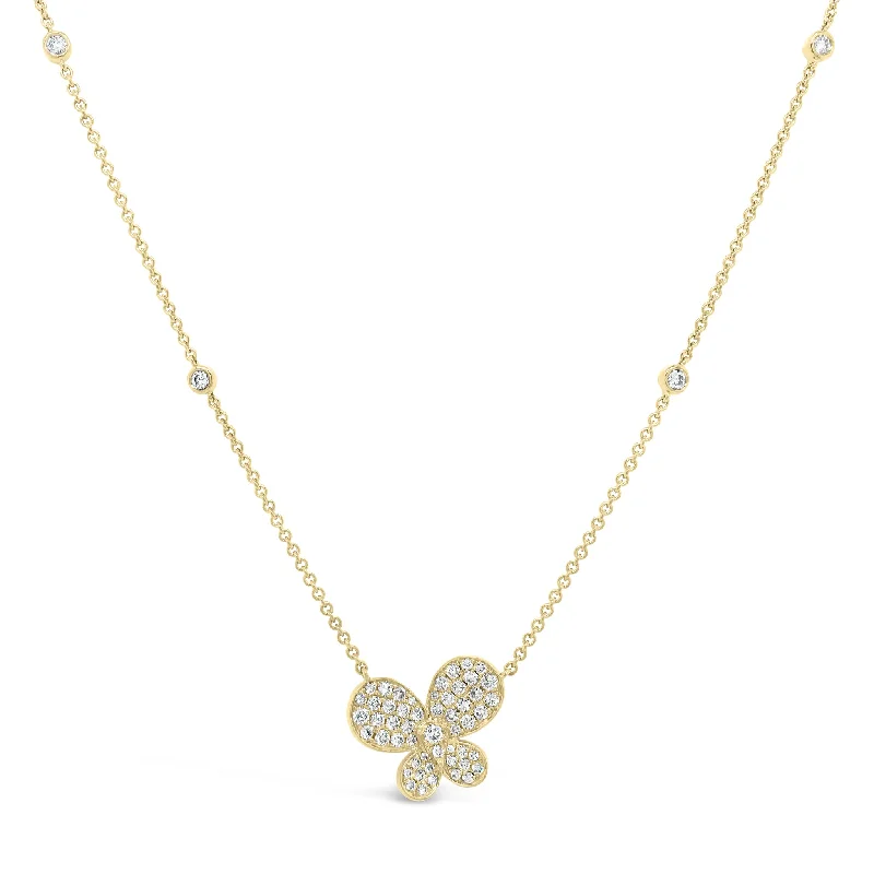 Women’s vintage-style pendant necklaces-Diamond Butterfly Pendant Necklace with Diamond Bezels