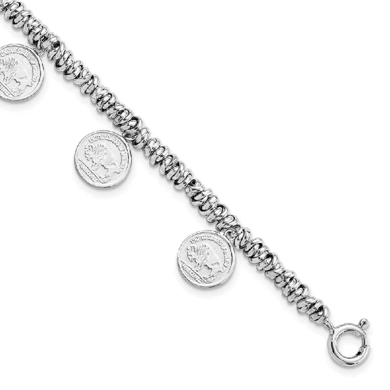 Women’s holiday bracelets-925 Sterling Silver Rhodium-plated Coin Charm Bracelet, 9.25" w/2in Extender