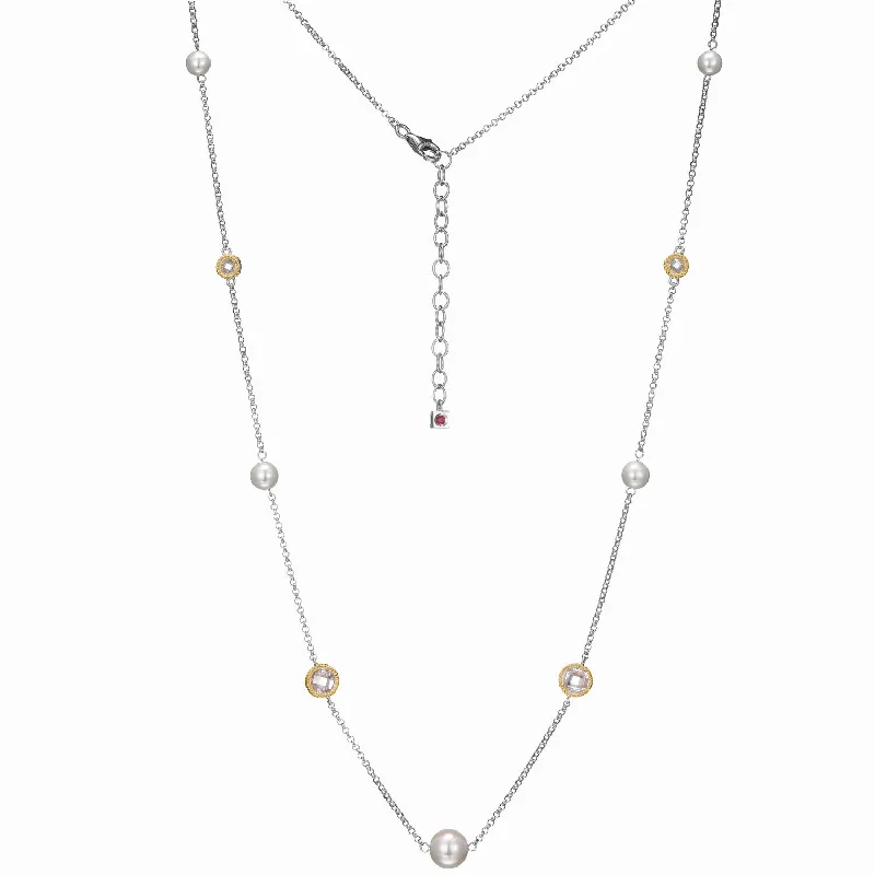 Women’s necklace with initials-2-Tone Pearl & Crystal Station Necklace