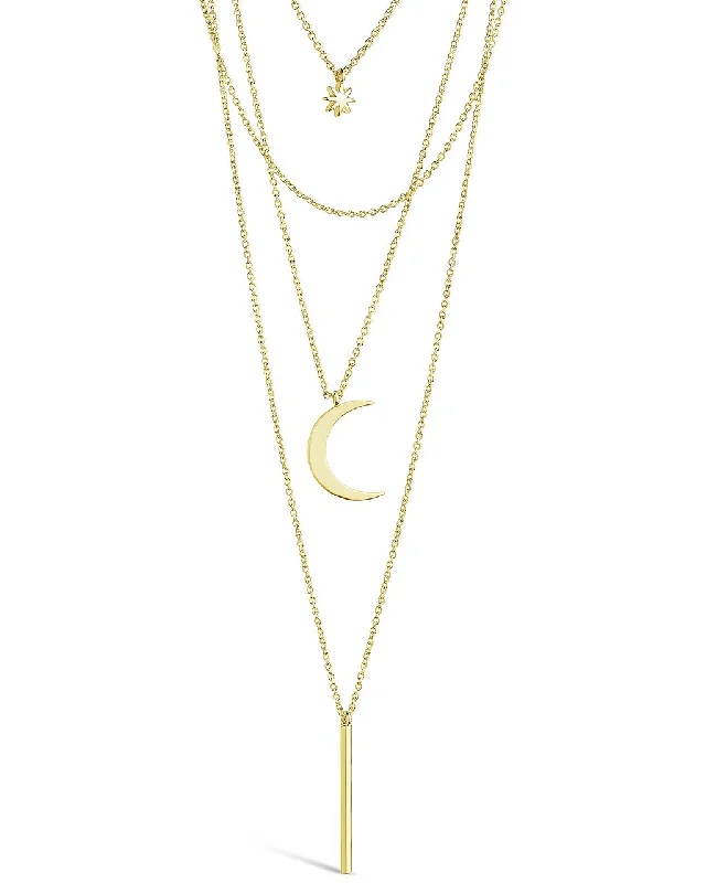 Women’s birthstone necklaces for mom-Crescent & Bar Multi Layer Necklace