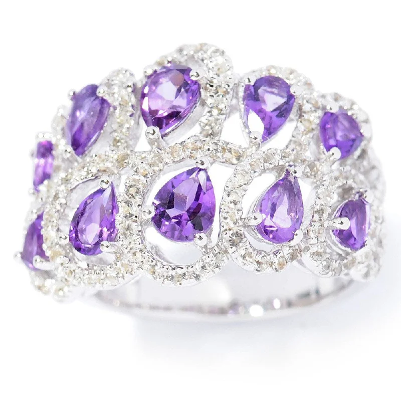 Women’s bridal rings-Sterling Silver Amethyst and White Topaz Two-row Swirl Ring