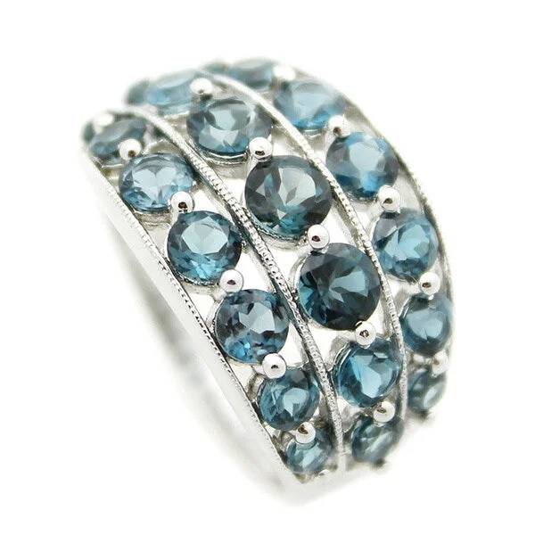 Women’s ruby rings-Sterling Silver Three-row Round-cut London Blue Topaz Ring