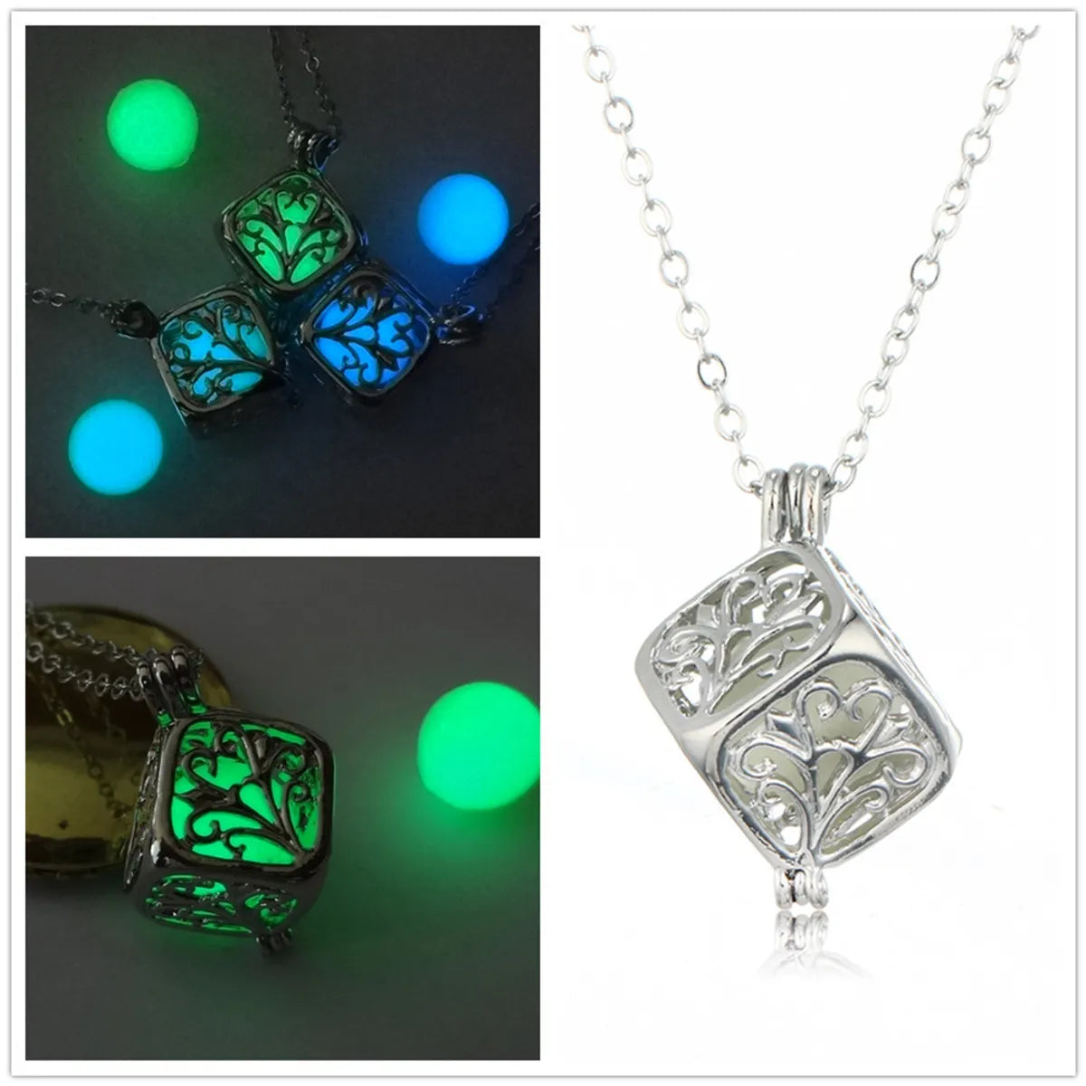 Women’s infinity necklaces-Hollow Square Life Tree Luminous Love Rubik's Cube Luminous Photo Box Bead Pendant Alloy Necklace Accessories