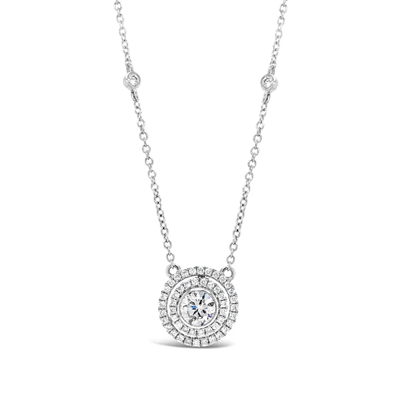 Women’s inspirational necklaces-Diamond Double Halo Pendant With Diamond Bezel Necklace