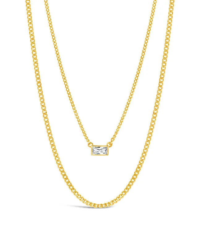 Women’s floral necklaces-CZ Baguette Layered Curb Chain Necklace