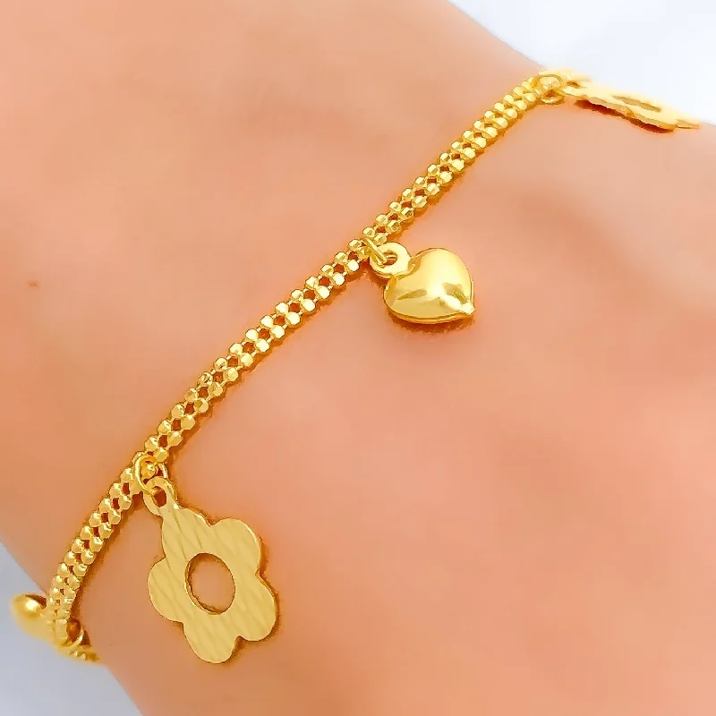 Women’s gold cuff bracelets-Dangling 22K Gold Hearts + Flowers Charm Bracelet