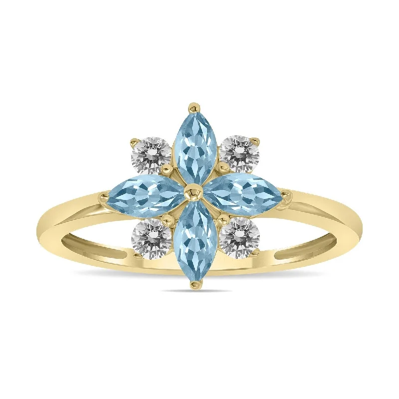 Women’s eternity diamond rings-Marquee Jewels 3/4 Carat TW Aquamarine and Diamond Flower Ring in 10K Yellow Gold