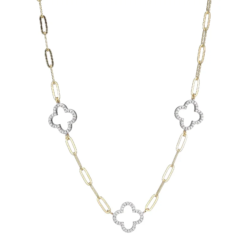 Women’s dainty gold necklaces-Paperclip Chain Necklace with Crystal Clover Stations