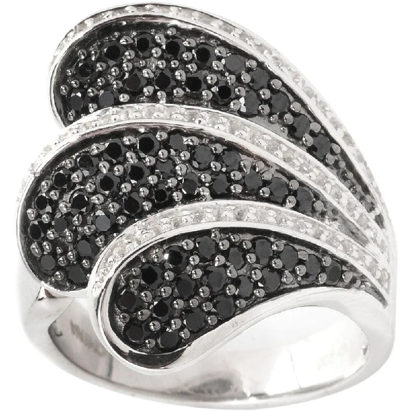 Women’s boho rings-Sterling Silver Black Spinel White Topaz Wave Ring