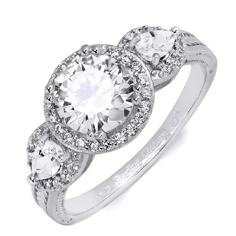 Women’s unique rings-Sterling Silver 2.00 CT 3 Stone Halo Bridal Ring Round Cut Size 5-9