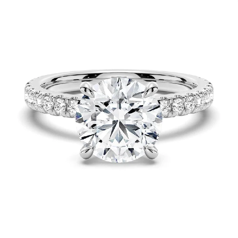 Women’s matching wedding and engagement rings-Pavé Band Round Moissanite Engagement Ring With Hidden Halo