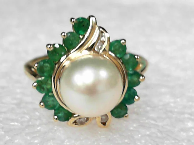 Women’s oval-shaped diamond engagement rings-14 kt Yellow Gold Akoya Pearl, Emerald and Diamond Ring, Estate