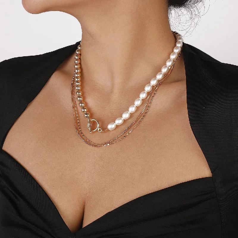 Women’s tennis necklaces-Elegant Geometric Ccb Imitation Pearl Alloy Toggle Beaded Plating Women's Layered Necklaces