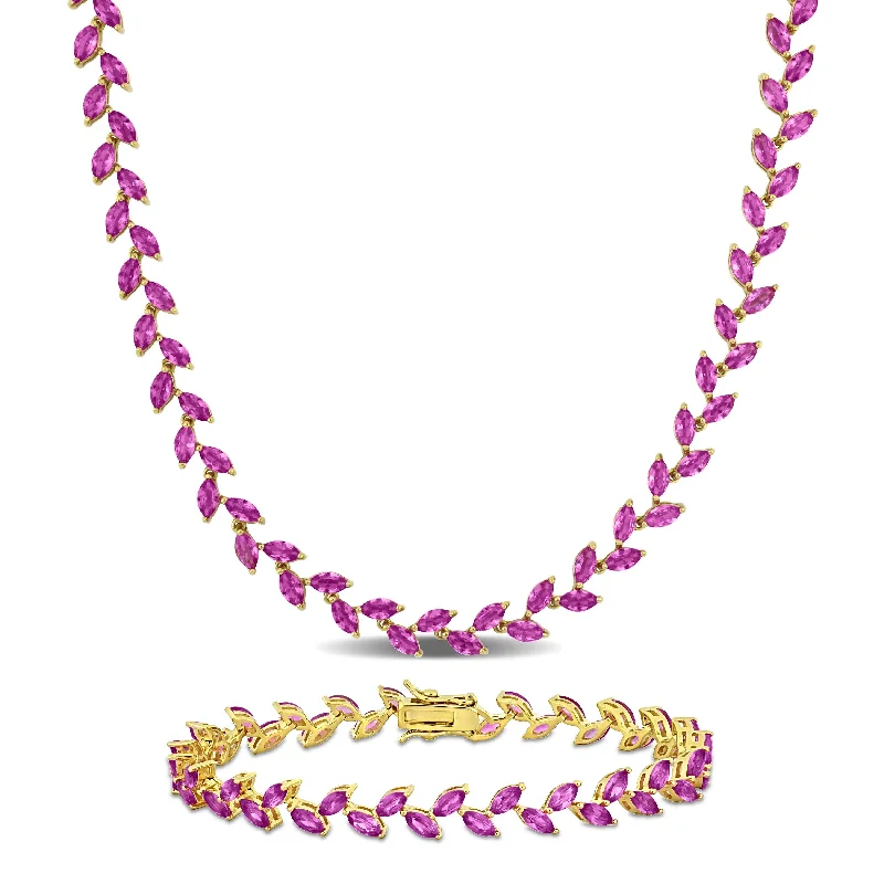 Women’s diamond bracelets for women-Miadora 41 1/2ct TGW Created Pink Sapphire Leaf Necklace and Bracelet Set Yellow Plated Sterling Silver