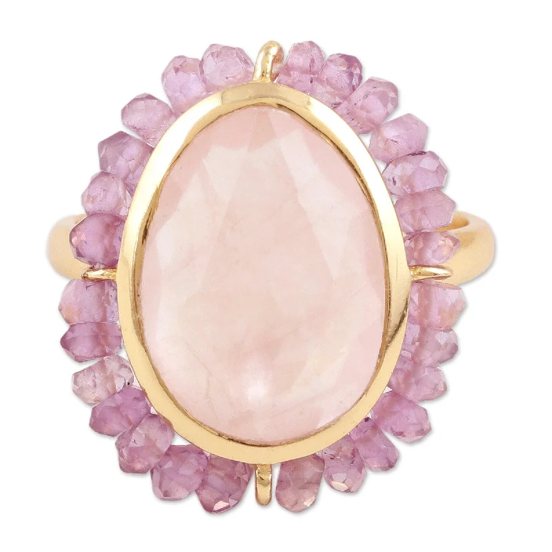 Women’s marquise rings-Novica Handmade Rose Oasis Gold-Plated Amethyst And Rose Quartz Cocktail Ring