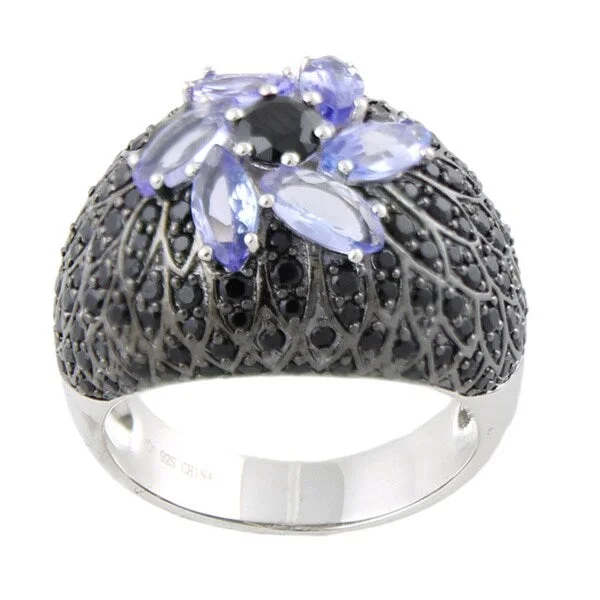 Women’s sterling silver wedding rings-Sterling Silver 3 7/8ct Tanzanite and Black Spinel Flower Dome Ring