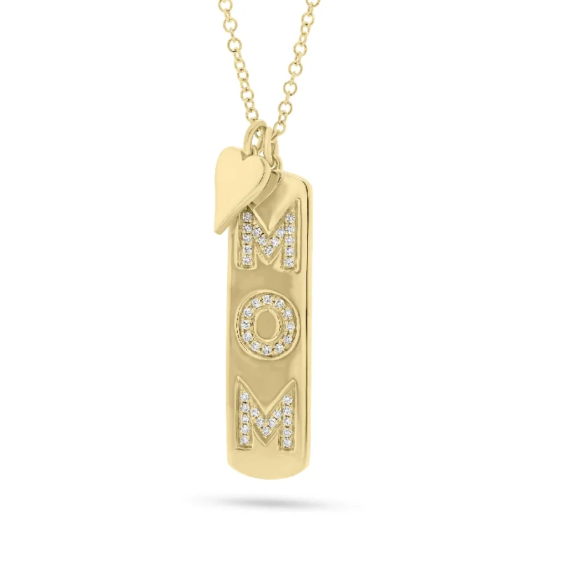 Women’s vintage necklaces-Diamond “Mom” Dog Tag And Tiny Heart  Pendant