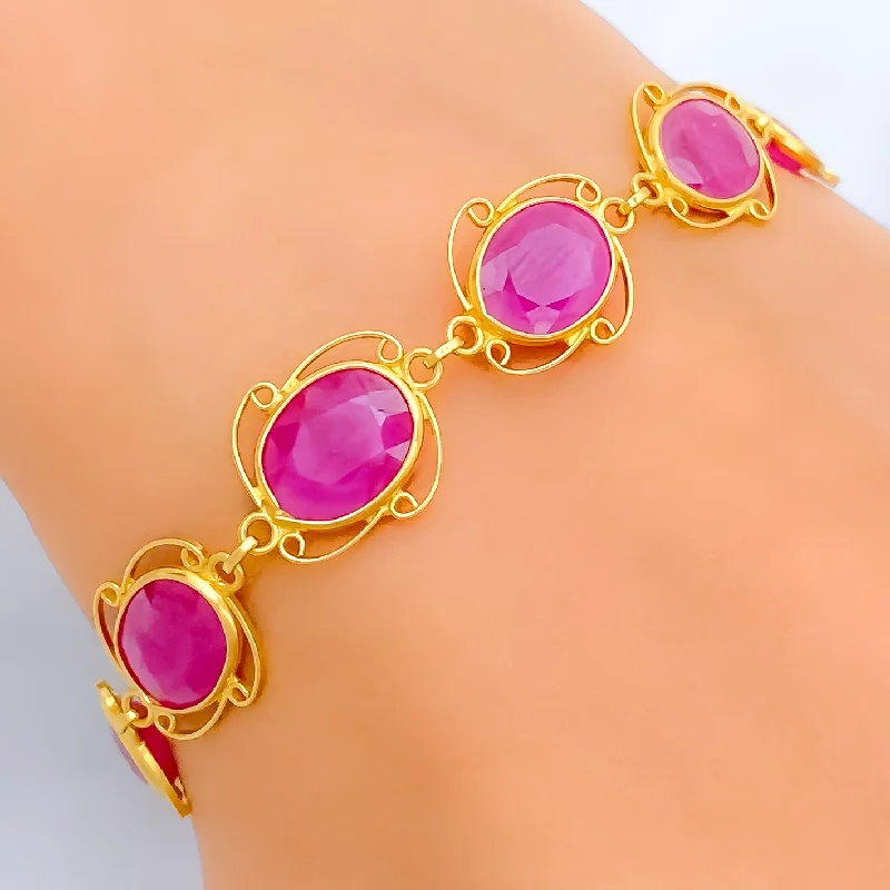 Women’s pearl and diamond bracelets-Vibrant Oval Ruby Motif 22k Gold Bracelet