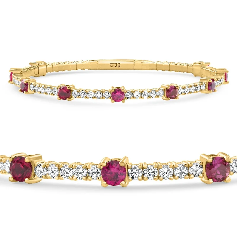 Women’s cuff bracelets with charms-5Ct Ruby & Diamond Diamond Tennis Flexible Bangle Bracelet Yellow Gold Lab Grown