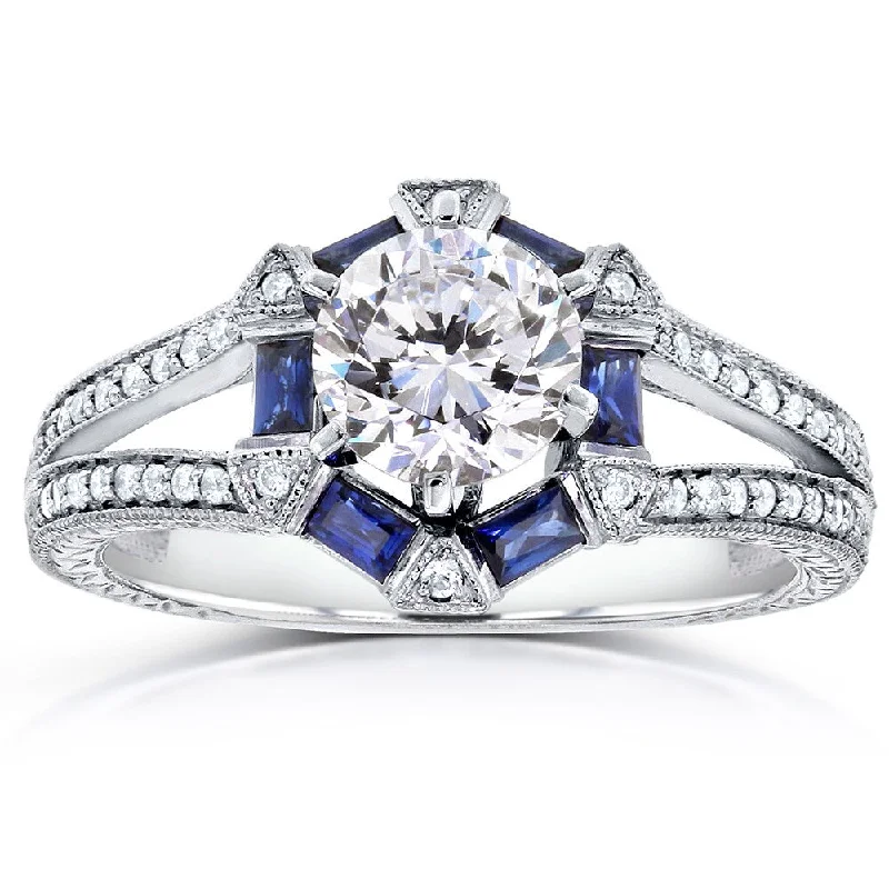 Women’s cubic zirconia rings-Annello by Kobelli 14k White Gold 1 3/5ct TGW Forever One DEF Moissanite, Baguette Sapphire. and Diamond Art Deco Ring