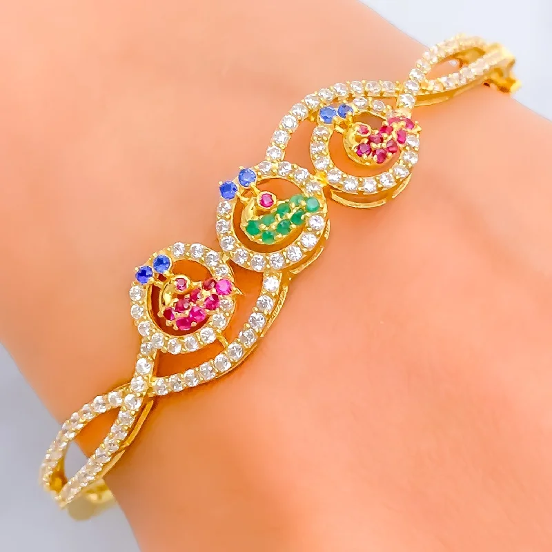 Women’s contemporary bracelets-Special Curved Peacock Trio 22k Gold CZ Bangle Bracelet