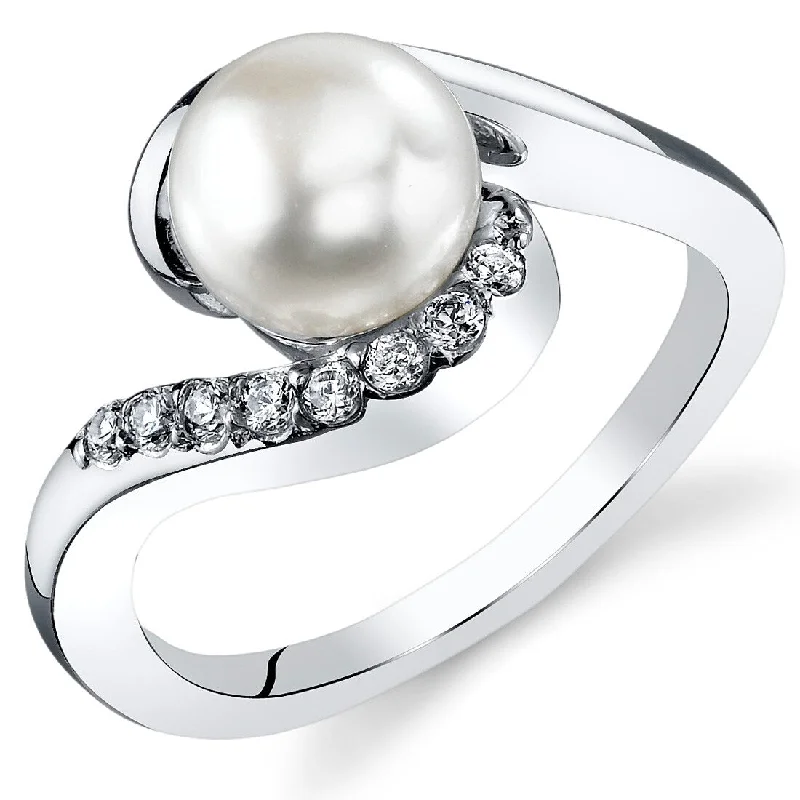 Women’s modern engagement rings-Sterling Silver White Freshwater White Pearl Bypass Ring 7mm