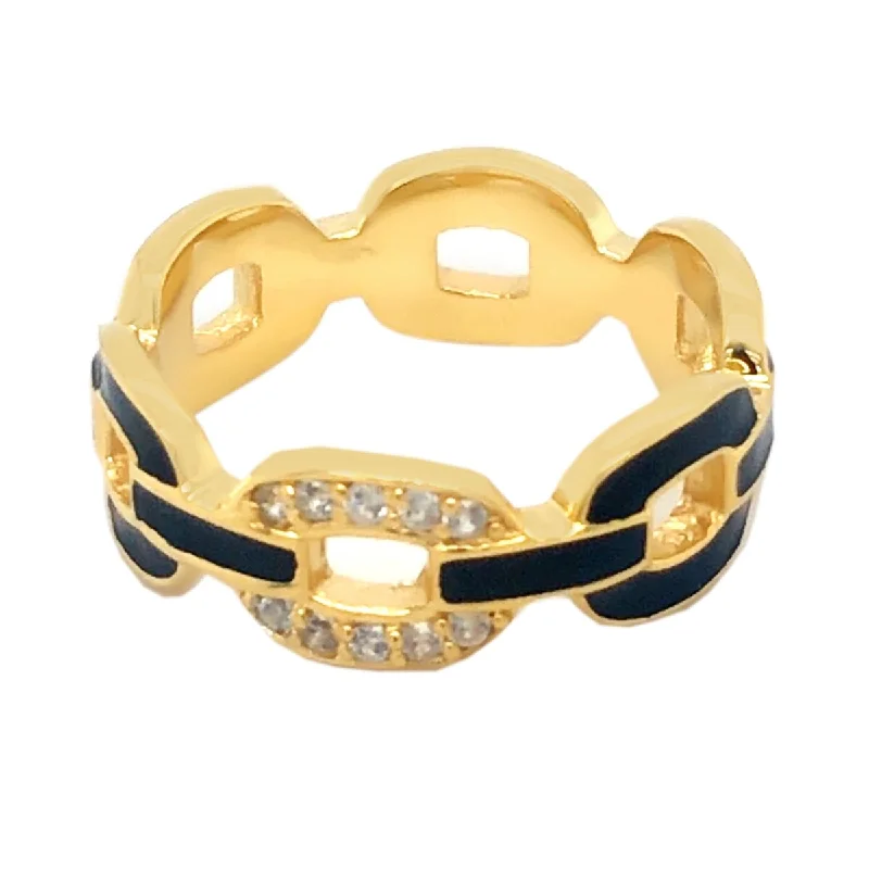 925 Sterling Silver Over Gold Plated White Zircon With Enamel Colours Link Chain Ring