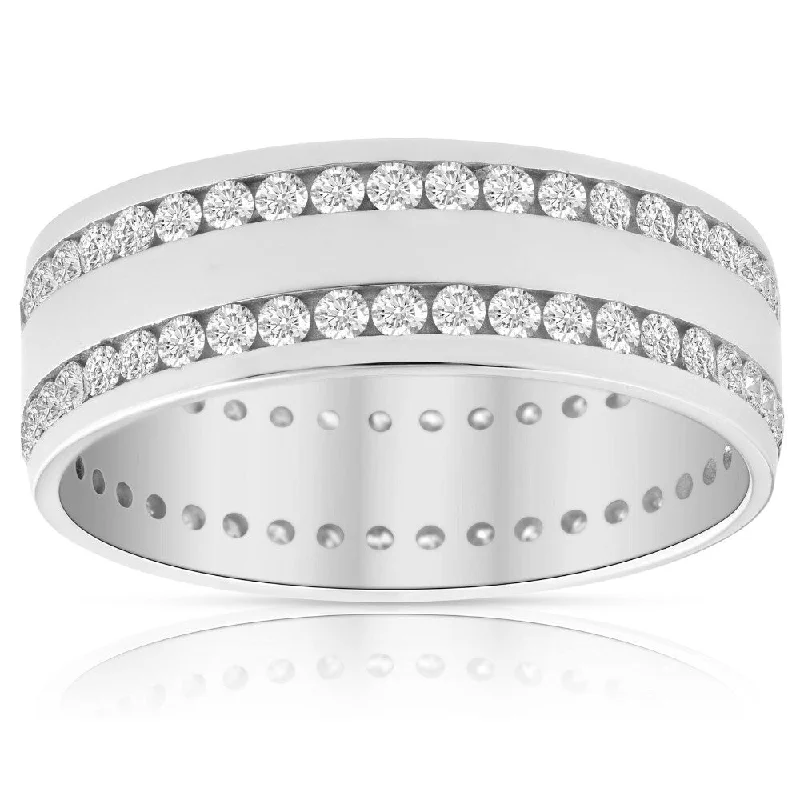 Women’s hand-crafted rings-Mens 1 3/8Ct Diamond Eternity Ring 10k White Gold Double Row High Polished