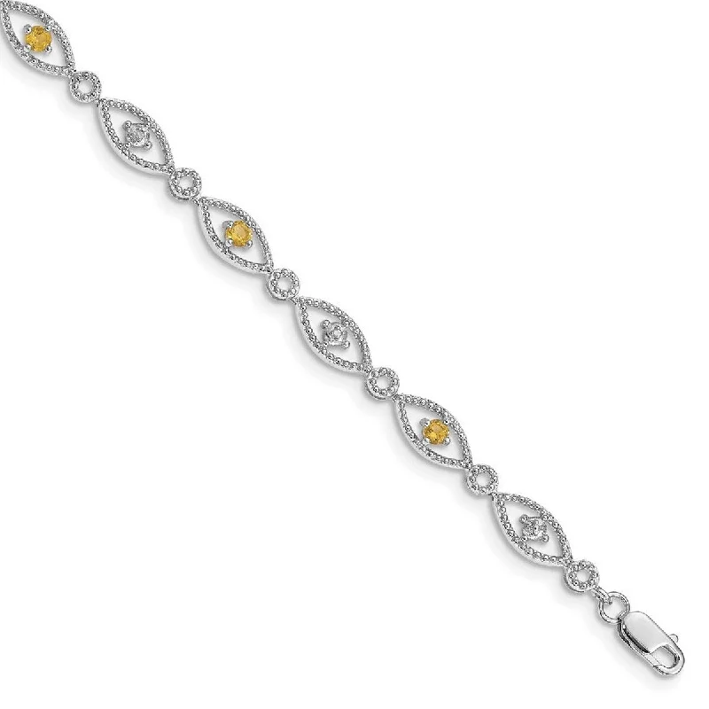 Women’s casual bracelets-Curata 925 Sterling Silver Textured Polished Open back Lobster Claw Closure Citrine Diamond Bracelet