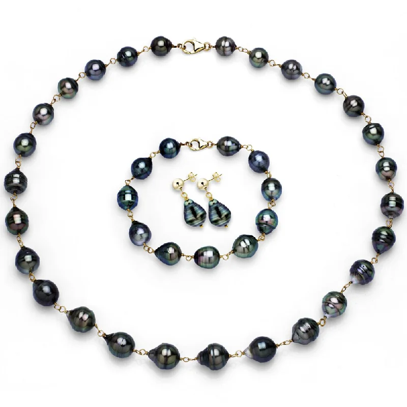 Women’s birthstone bracelets-DaVonna 14k Yellow Gold 8-10mm Black Tahitian Pearl Necklace Bracelet Earrings Jewelry Set