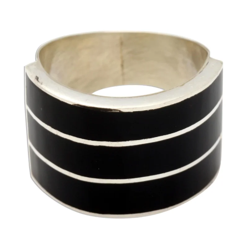 Women’s statement gemstone rings-Novica Handmade Band Of Three - Black Sterling Silver Band Ring