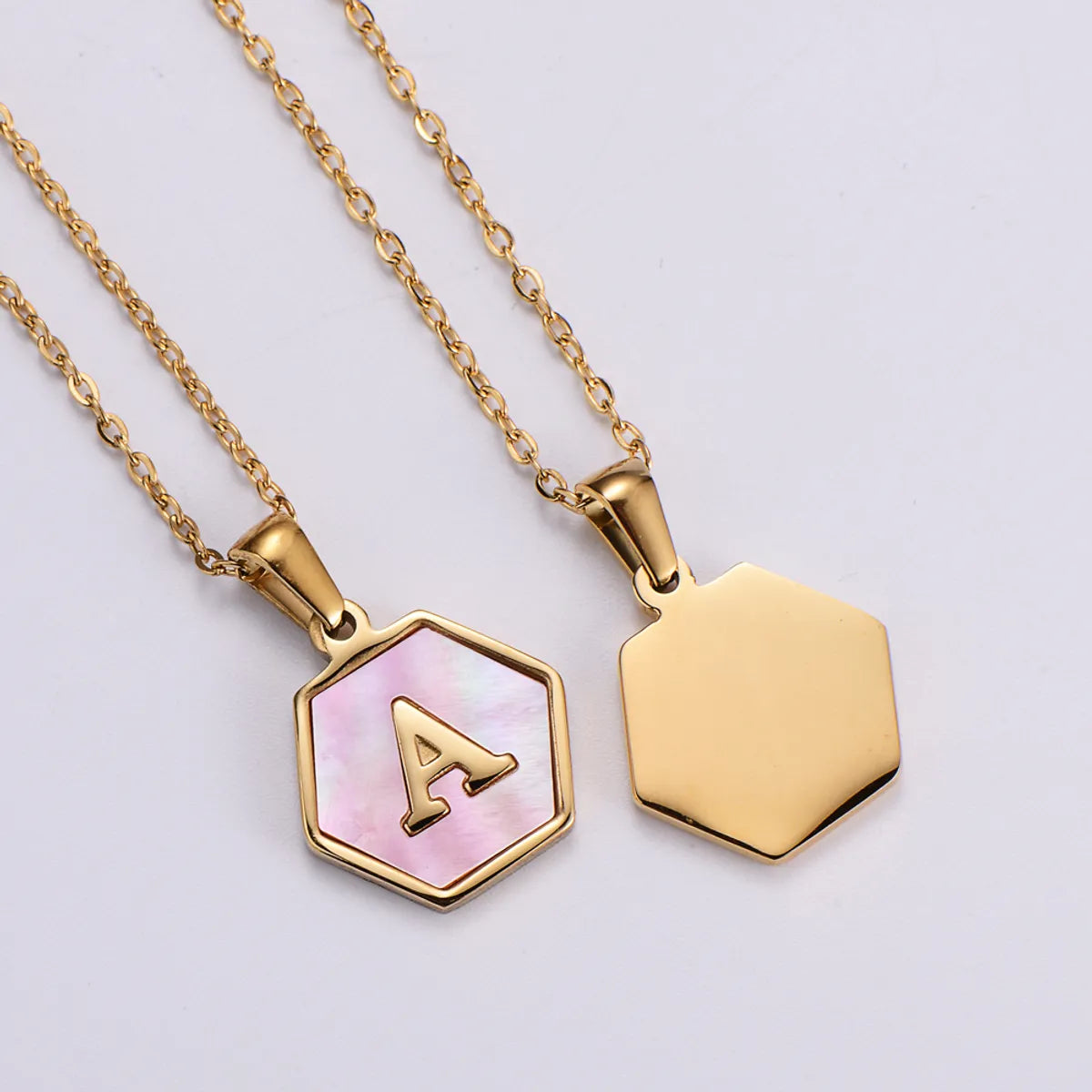 Women’s rose gold necklaces-18k Gold Stainless Steel Pendant Inlaid Pink Shell Letter Necklace