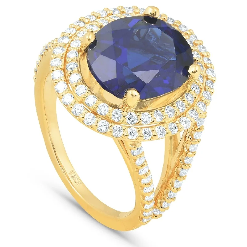 6 1/5ct Huge Diamond Oval Blue Sapphire Diamond Double Halo Ring Yellow Gold