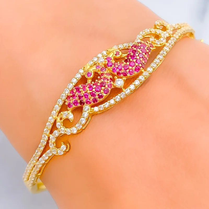 Women’s boho bracelets-Ornate Twin Peacock 22k Gold CZ Bangle Bracelet