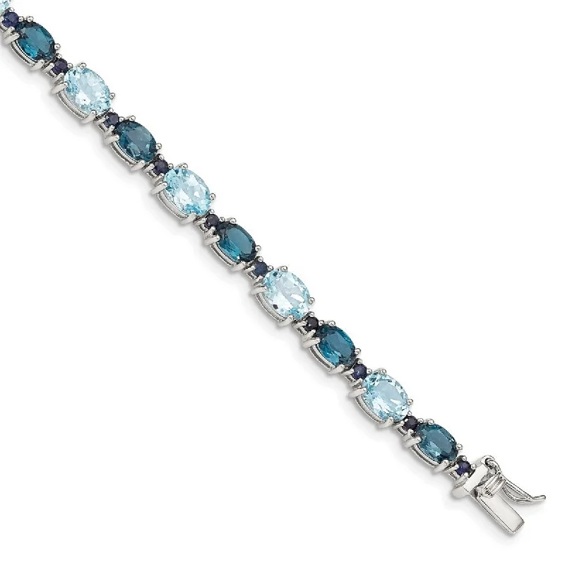 Women’s pearl and diamond bracelets-Curata 925 Sterling Silver Rhodium Plated Oval London Blue Sky Blue Topaz Bracelet 7.25 Inch