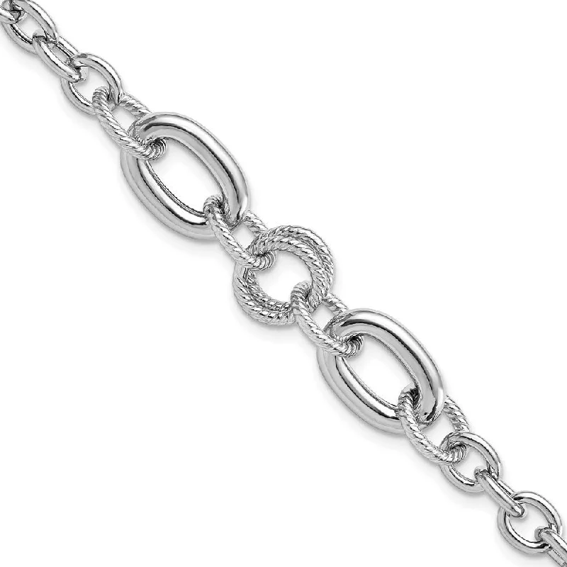 Women’s boho bracelets-925 Sterling Silver Rhodium-plated Fancy Textured Link Bracelet, 7.75" (W-10.2mm)