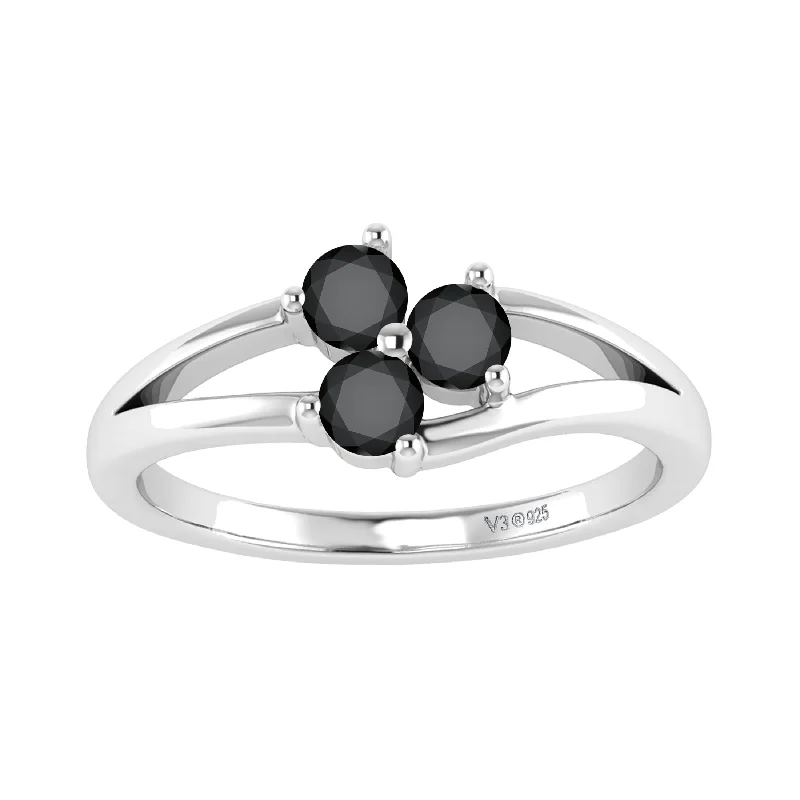 Sterling Silver Natural Black Diamond Three Stone Ring