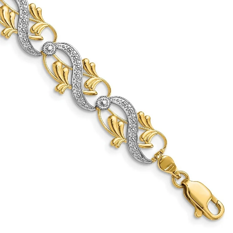 Women’s statement bracelets-Curata 14k Yellow Gold D C White Dots Connecting Sash and Leaves Two color Bracelet 7.5 Inch