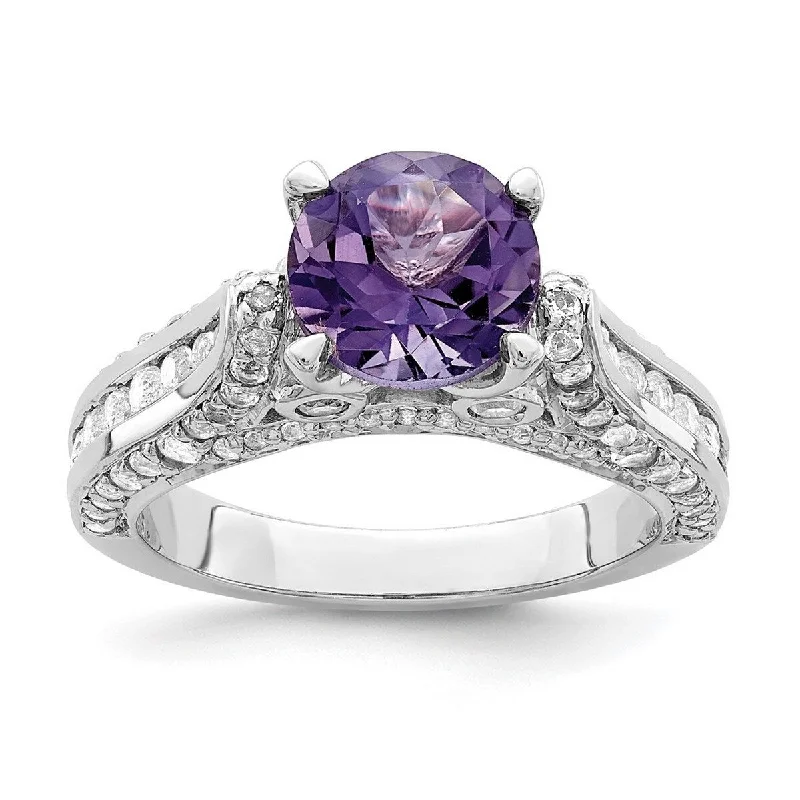 Curata 925 Sterling Silver Rhodium Plated 8mm Amethyst and White Topaz Ring