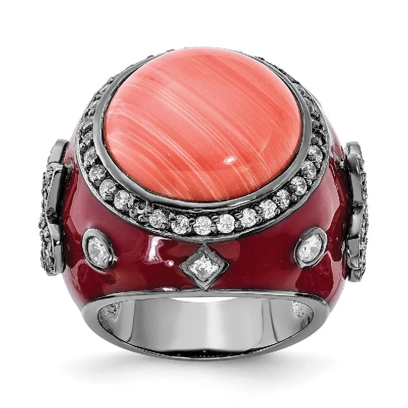 Curata Black Plated 925 Sterling Silver Enamel Red Simulated Coral and Cubic Zirconia Ring