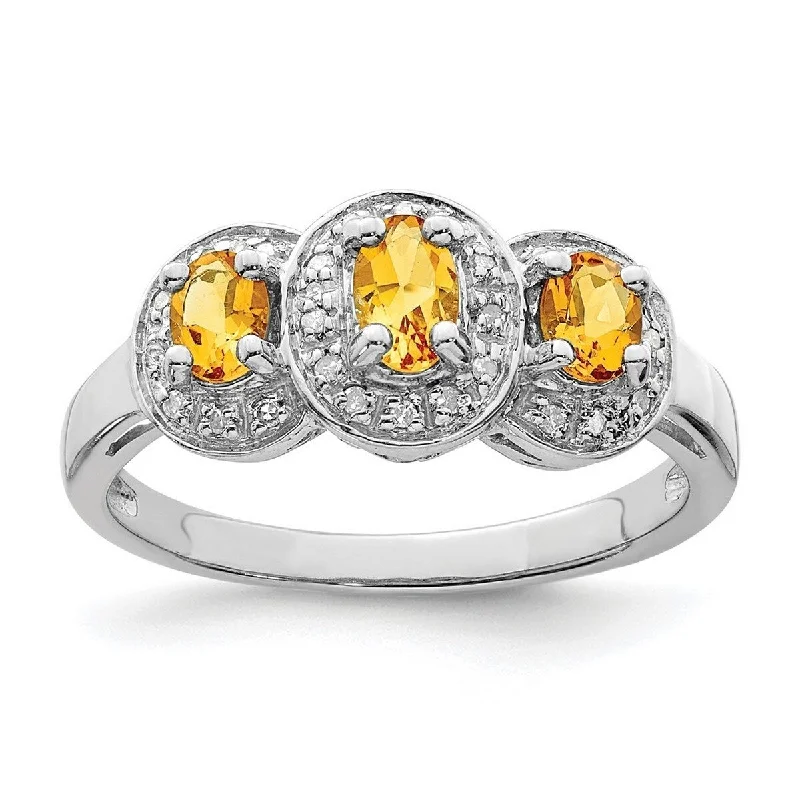 Curata 925 Sterling Silver Rhodium Citrine and Diamond Ring