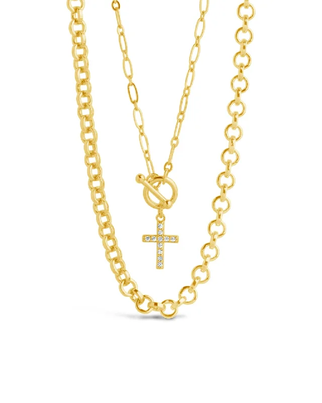 Women’s silver necklaces-Grace CZ Cross & Layered Chain Necklace