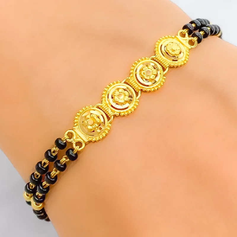 Women’s stretch bracelets-Interlinked Floral 22k Gold Black Bead Bracelet