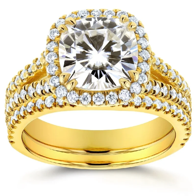 Women’s radiant cut rings-Annello 14k Yellow Gold 2 3/4ct TGW Moissanite and Diamond Cushion Halo Split Shank Bridal Rings Set (GH/VS, GH/I)