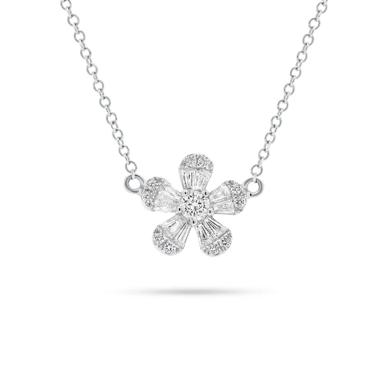 Women’s romantic necklaces-Round & Baguette Diamond Flower Necklace