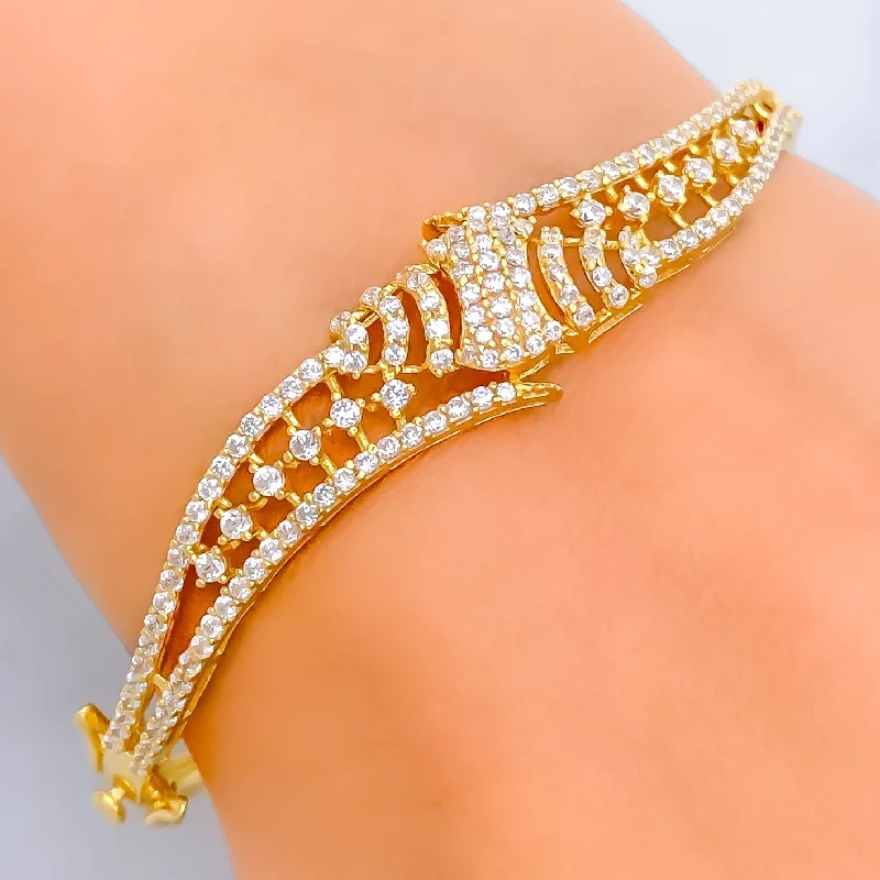 Women’s tennis charm bracelets-Distinct Stunning Striped 22k Gold CZ Bangle Bracelet