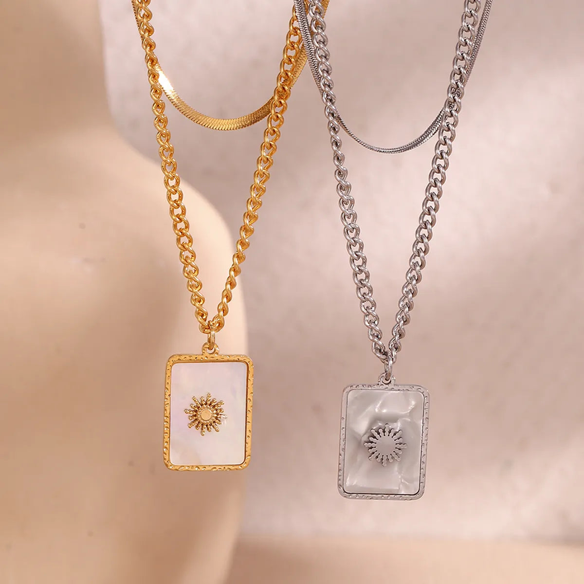 Women’s simple gold necklaces-Ig Style Classic Style Sun Square Stainless Steel Plating Inlay Shell 18k Gold Plated Double Layer Necklaces